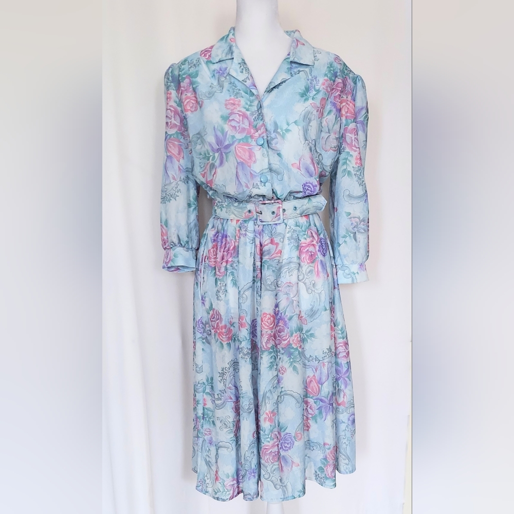 California Looks Long Sleeve Blue Purple Floral Belted Dress 6P Petite Vintage